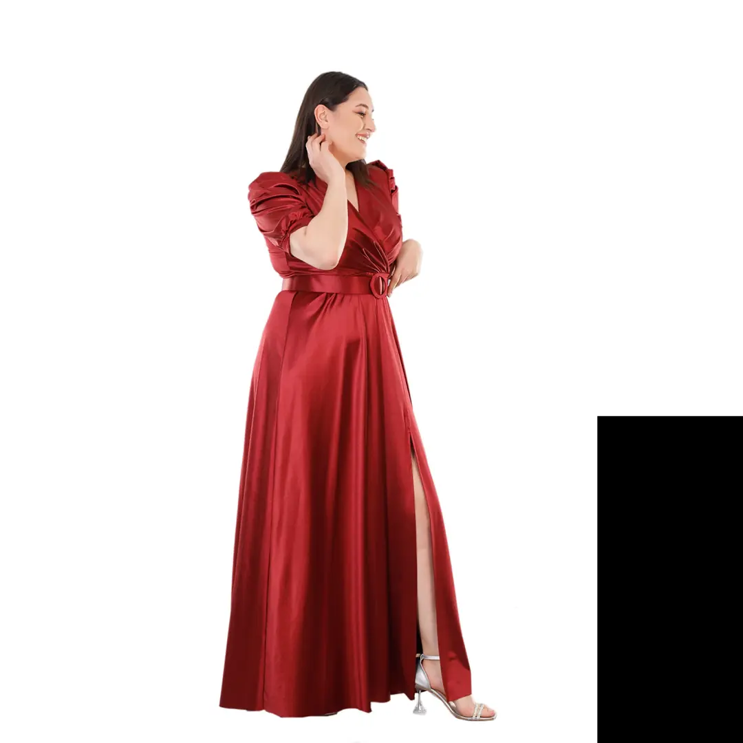 Langes Strick-Satin-Abendkleid in großen Größen mit Schlitz 10