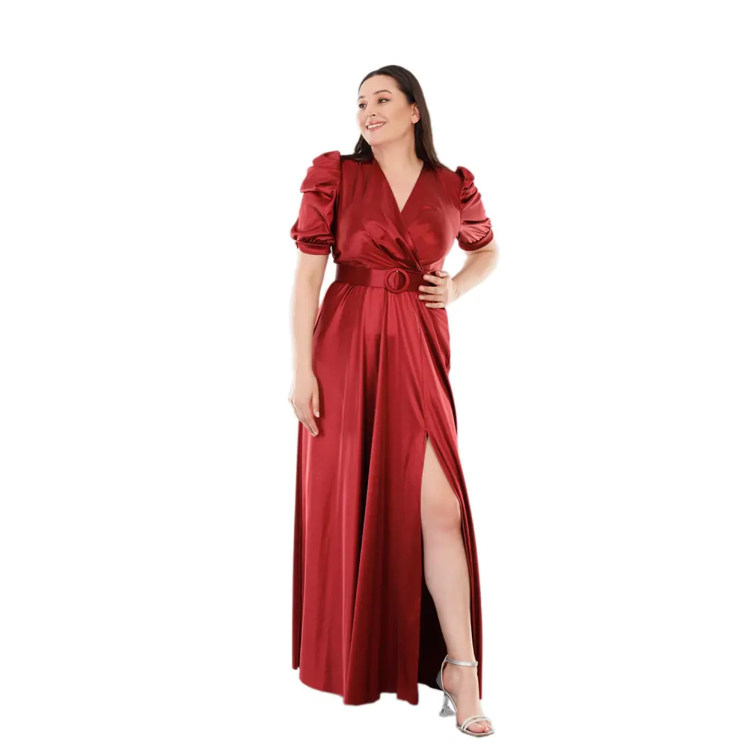 Langes Strick-Satin-Abendkleid in großen Größen mit Schlitz 8