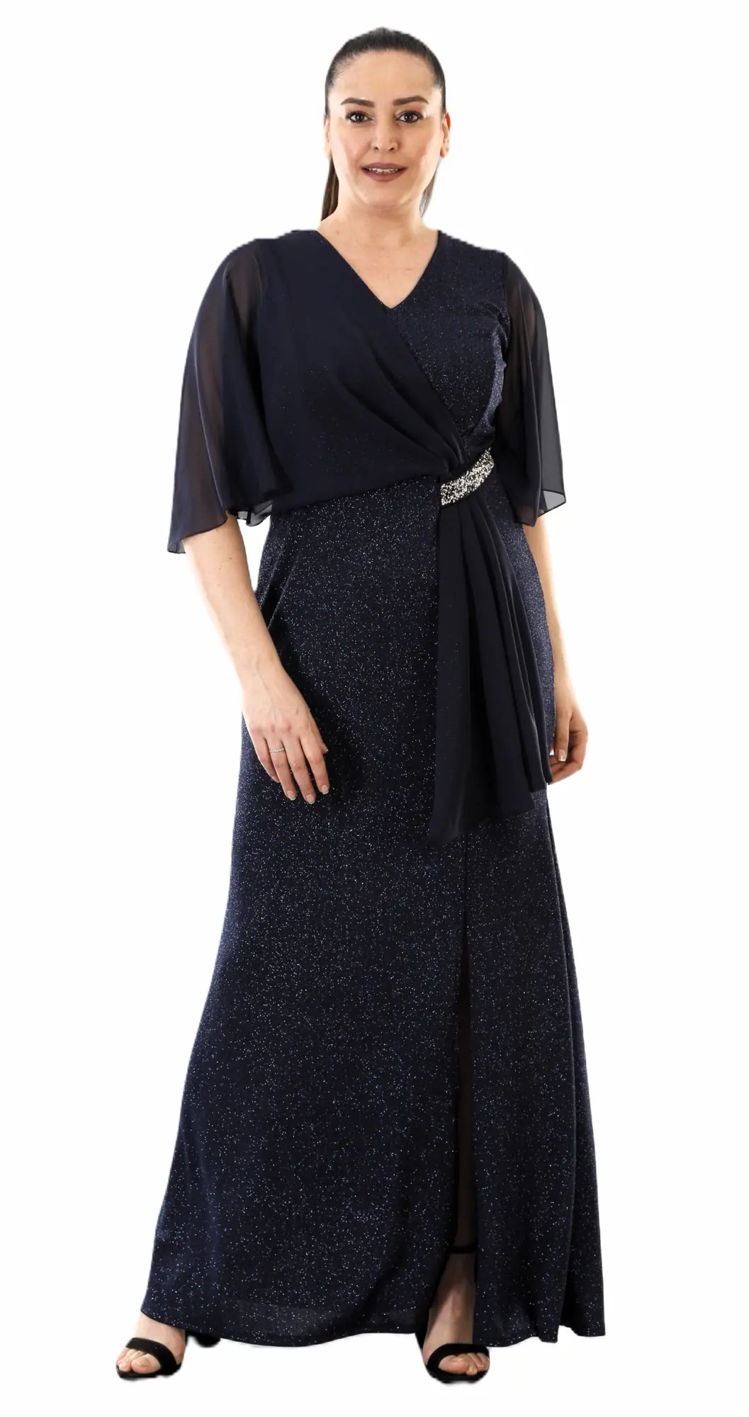 Glitzer-Abendkleid in großen Größen mit V-Ausschnitt