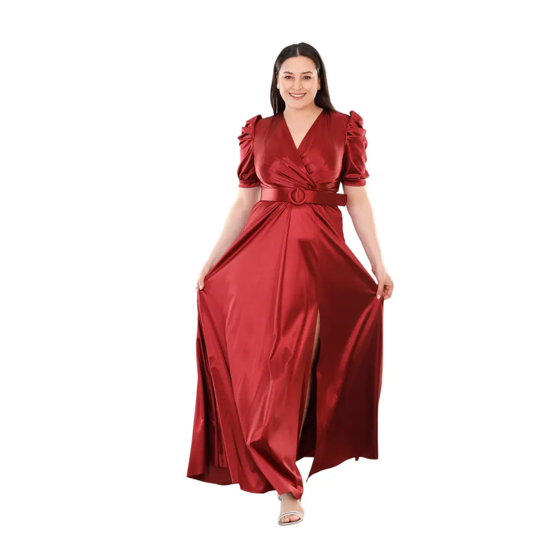 Langes Strick-Satin-Abendkleid in großen Größen mit Schlitz 6